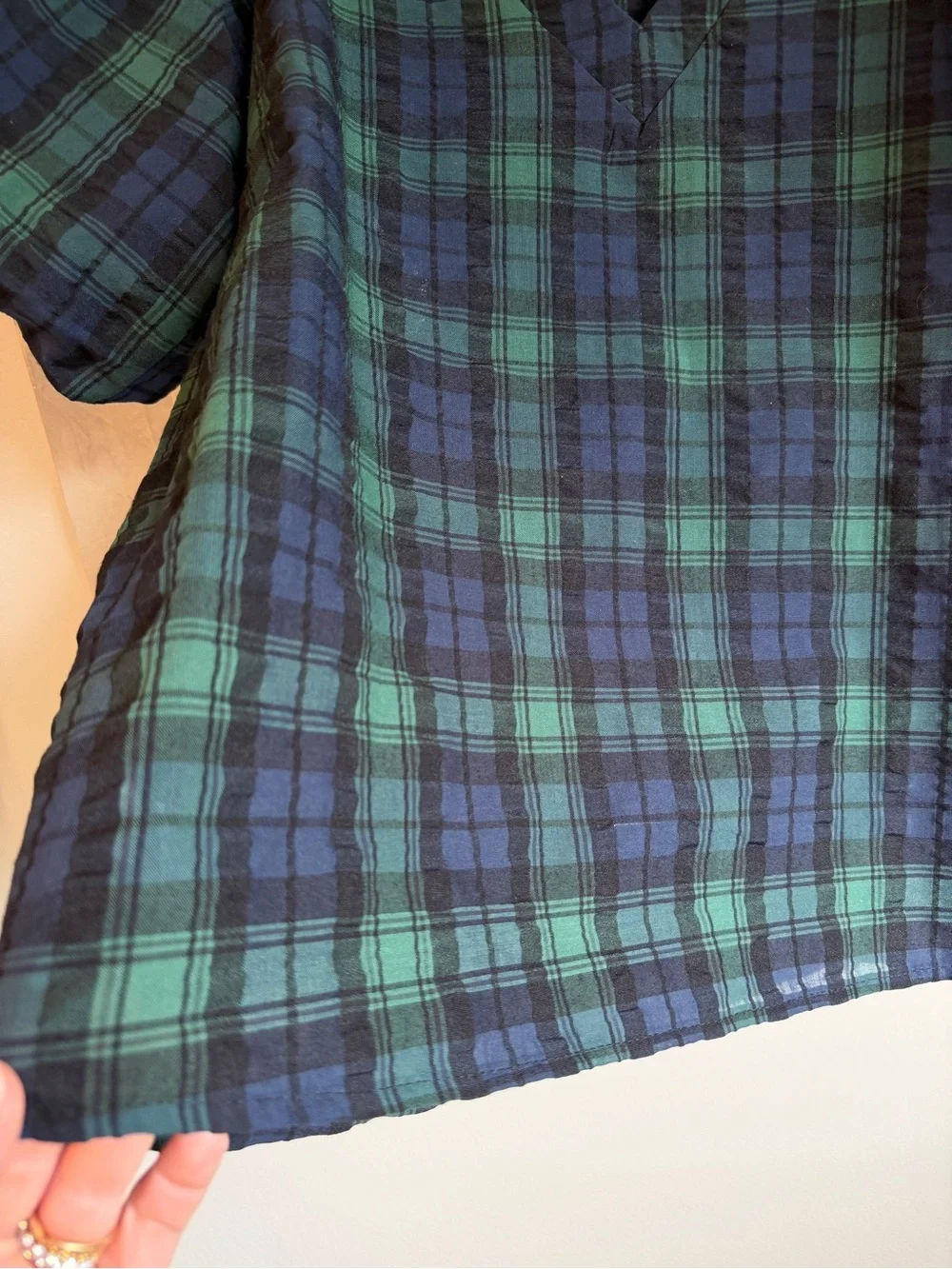 LOFT Green Blue Plaid Puff Sleeve V-Neck Blouse Top Southern Preppy Medium